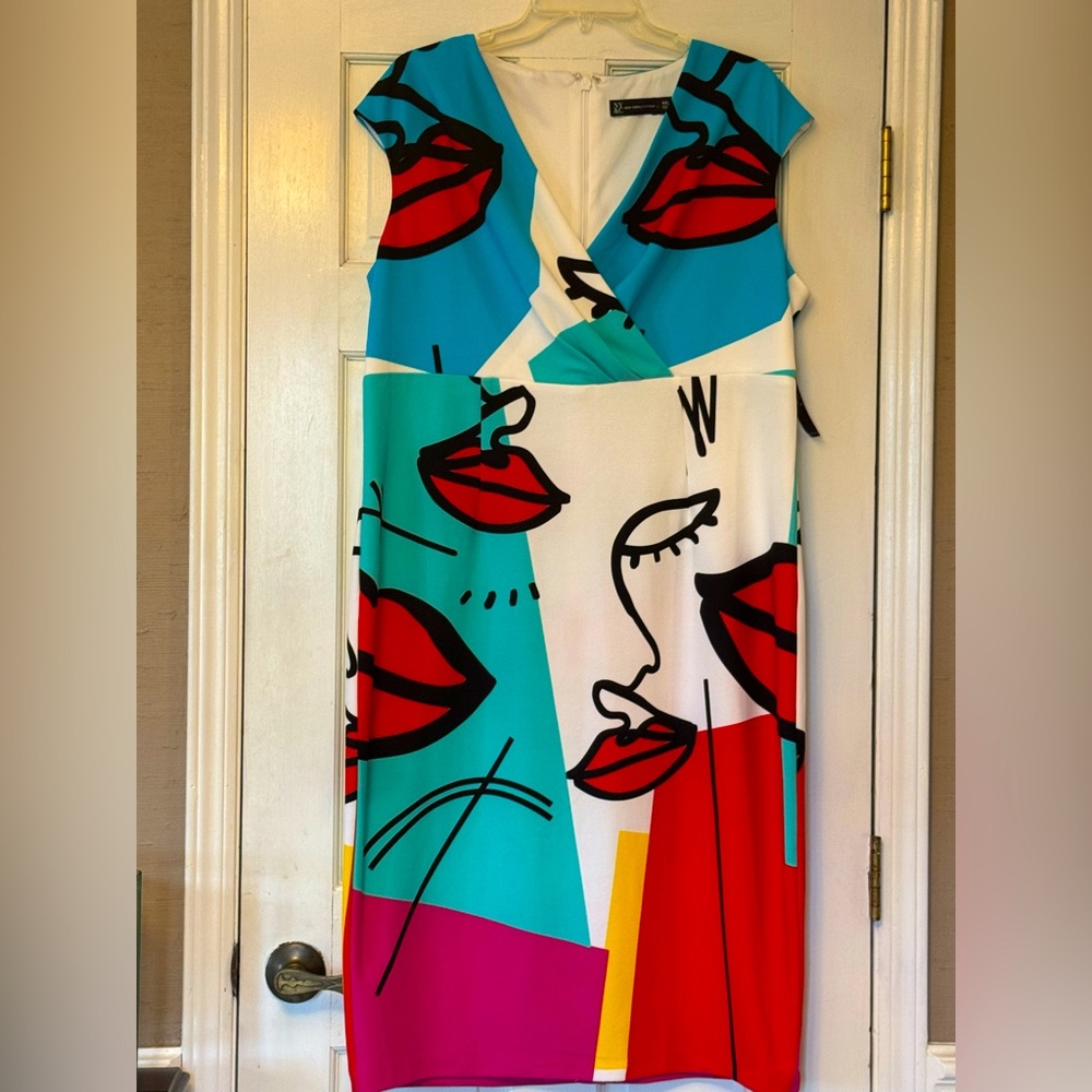 New York & Company Colorblock Pop Art Midi Dress - Turquoise, White, Red, Pink